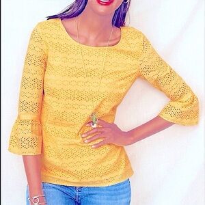 💛  Talbots Yellow Eyelet Lace Flutter 3/4 Sleeve Lined 100% Cotton Blouse Sz Lp